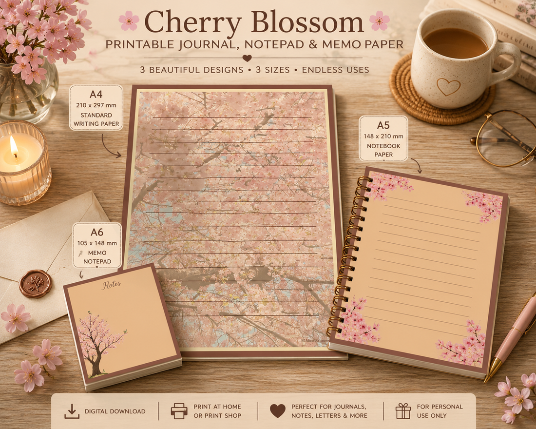 Cherry Blossom Printable Journal Pages | Digital Download Writing Paper & Memo Pad