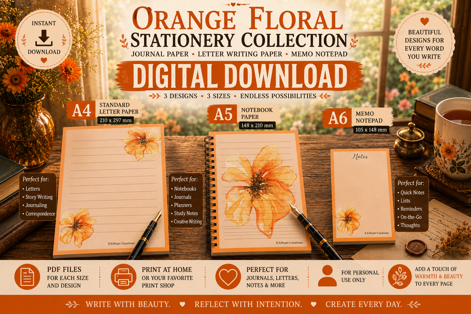 Orange Floral Printable Journal Pages | Digital Download Letter Writing & Memo Paper