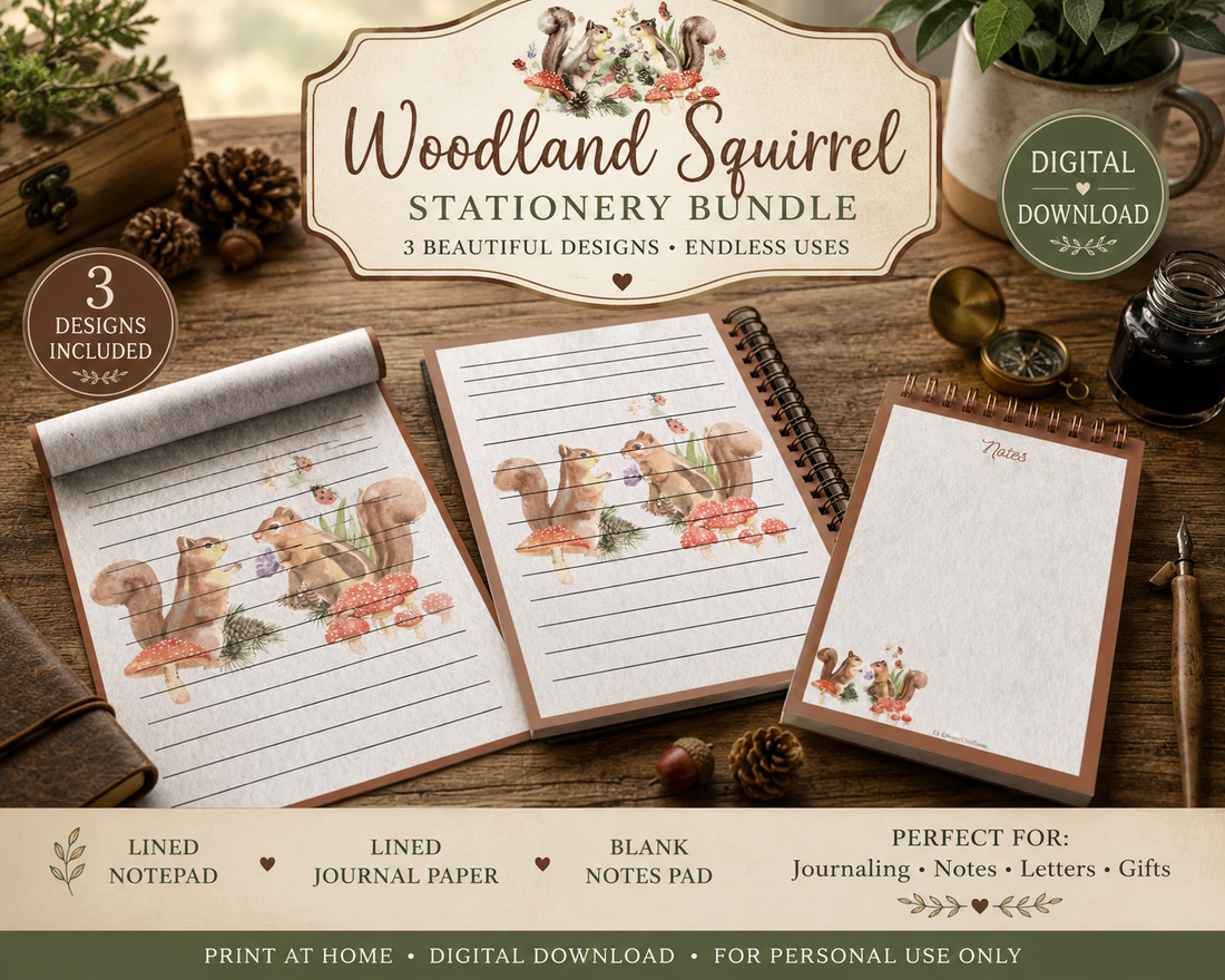 Woodland squirrel watercolor stationery set printable digital download