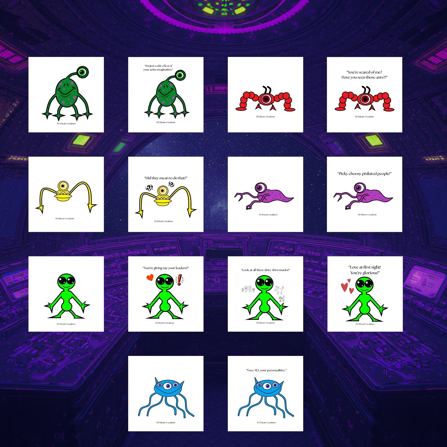 Original Design Alien Stickers Digital Download Cute Sci-Fi Sticker Bundle
