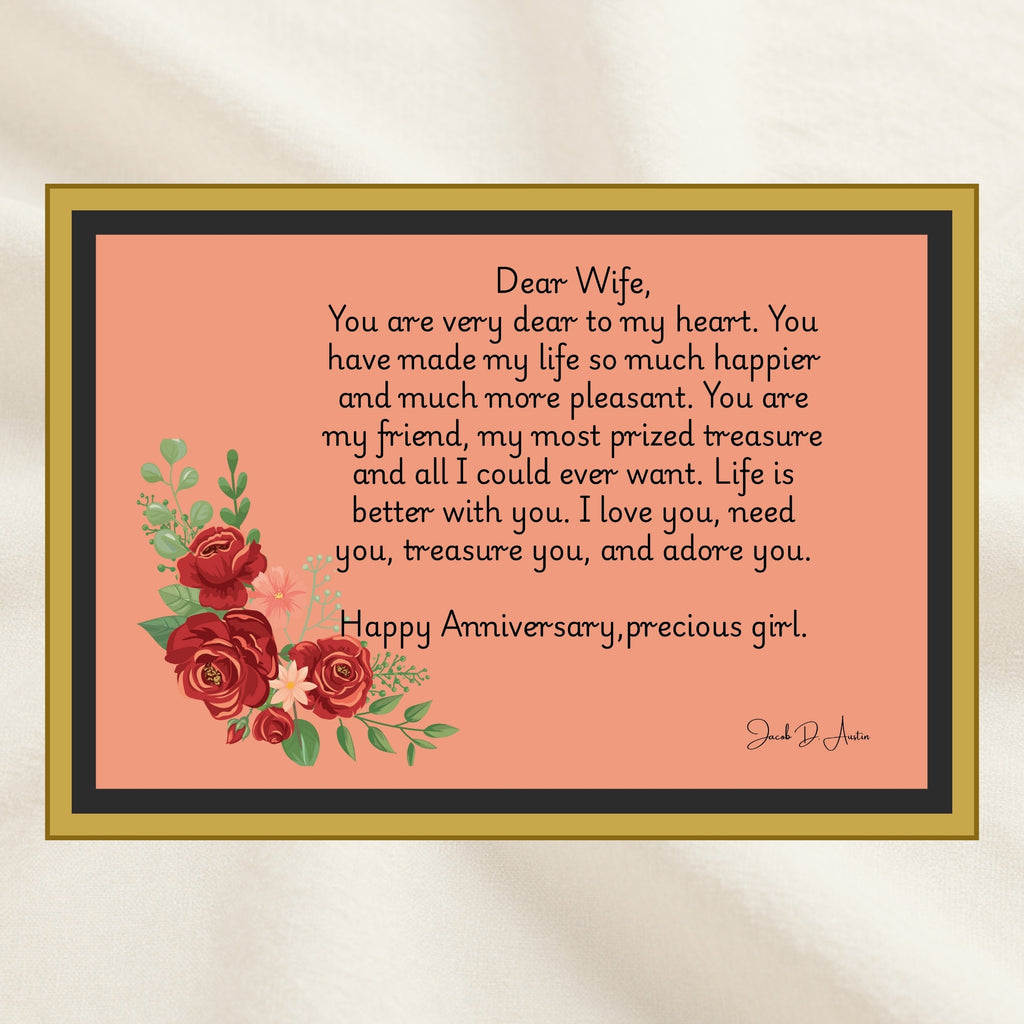 Pink Floral Anniversary Card Digital Download Romantic Wife Love Letter Printable