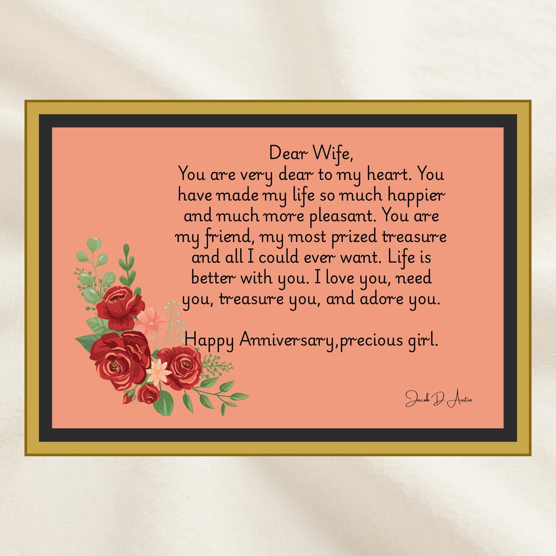 Pink Floral Anniversary Card Digital Download Romantic Wife Love Letter Printable