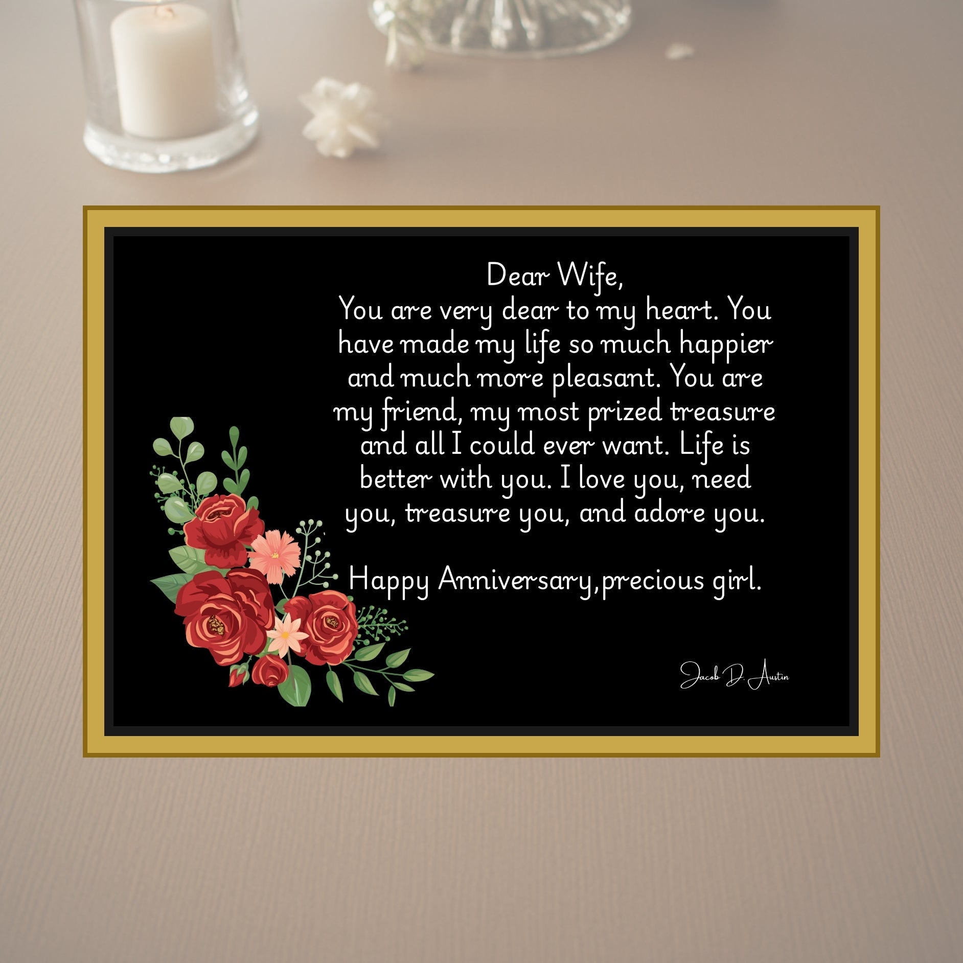 Black Floral Anniversary Card Digital Download Romantic Wife Love Letter Printable