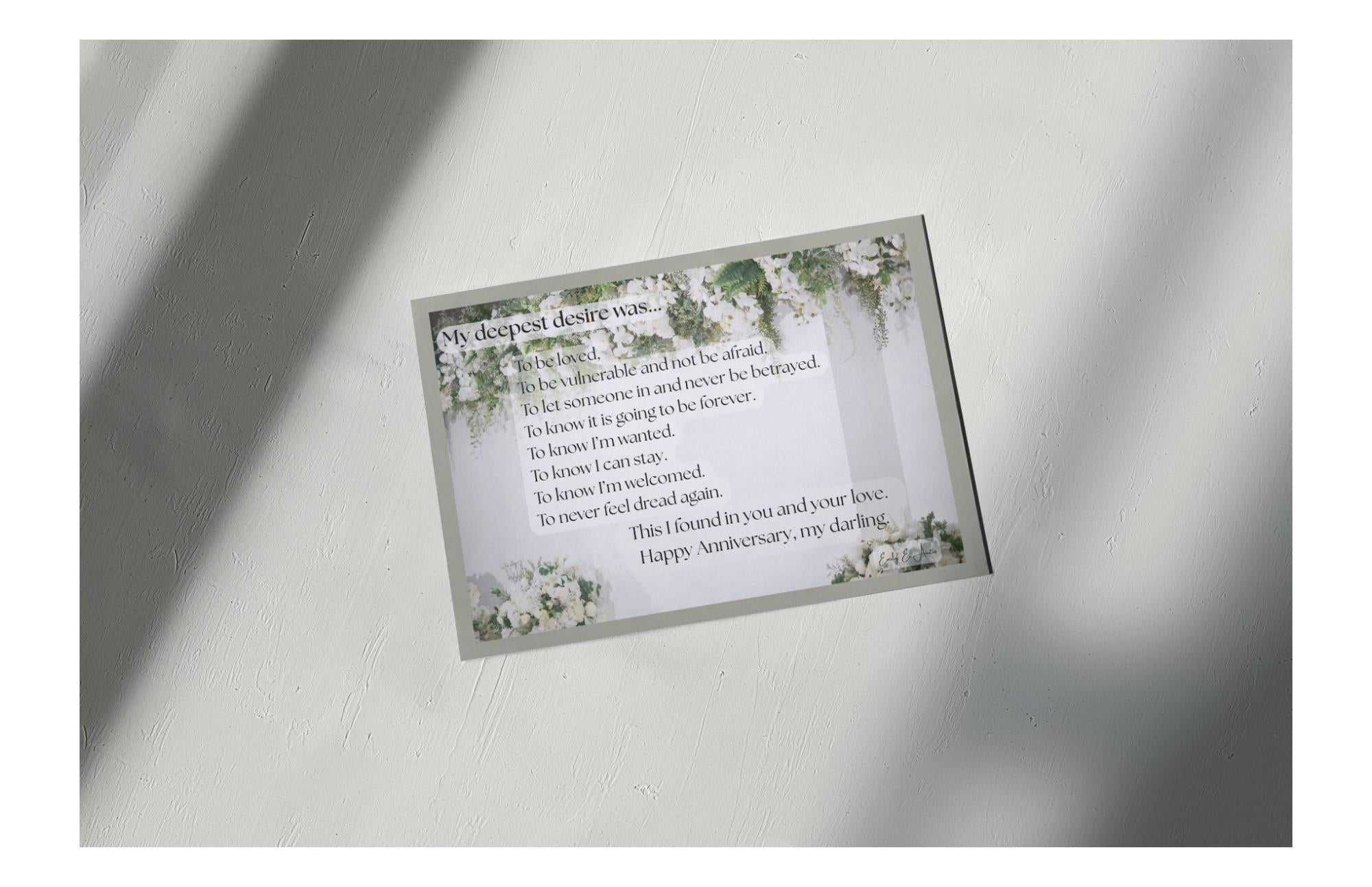 Romantic Anniversary Card - "My Deepest Desire" - White Flowers Design