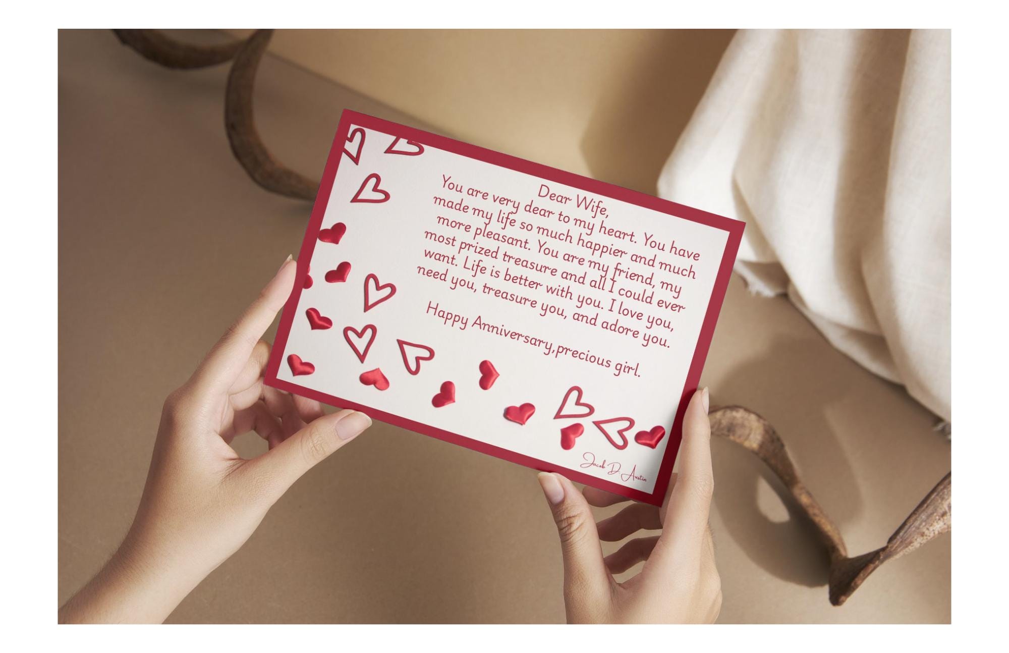 Anniversary Card for Her - "Dear Wife" - Hearts Design - Digital/Printable Card