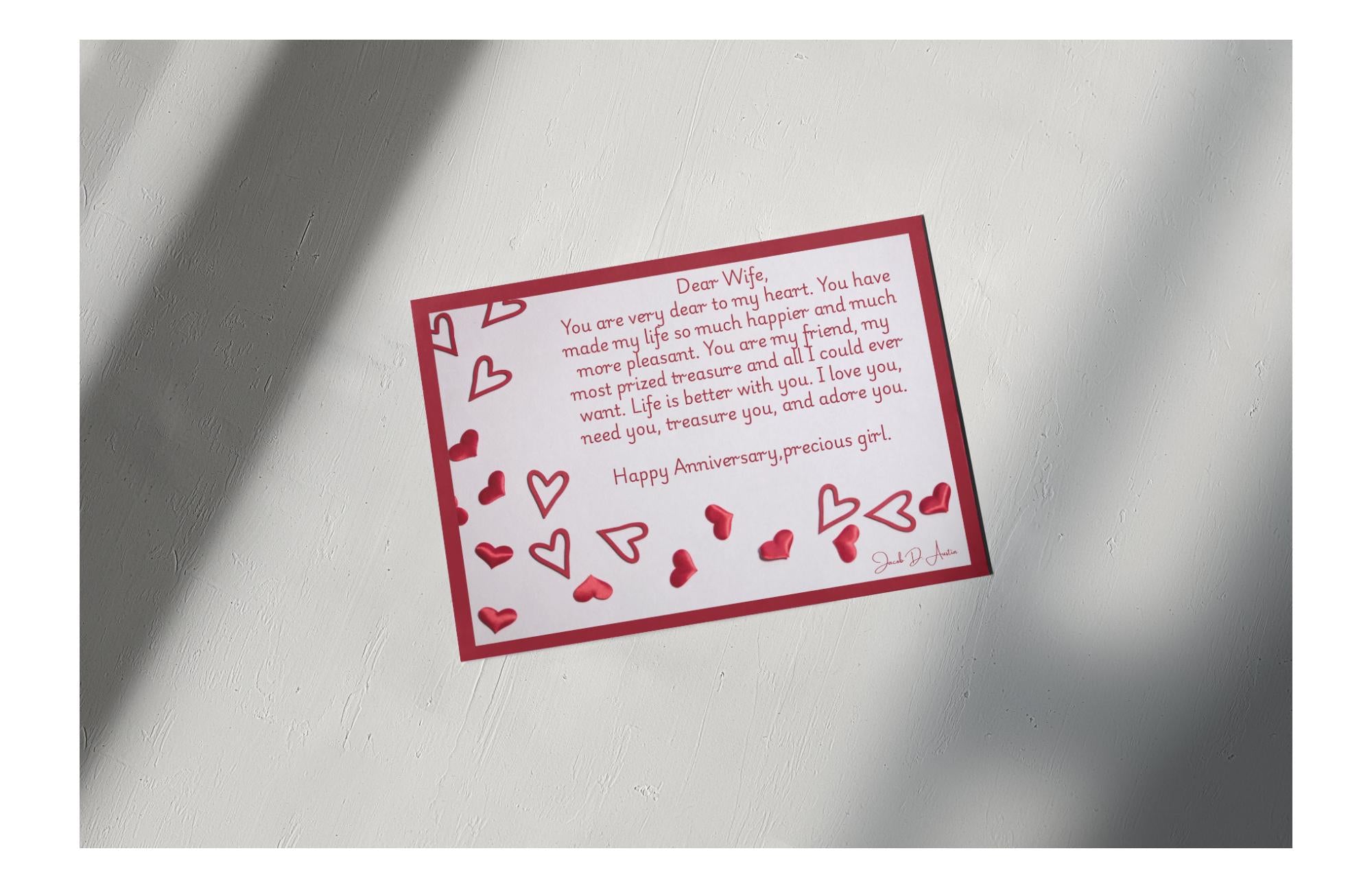 Anniversary Card for Her - "Dear Wife" - Hearts Design - Digital/Printable Card