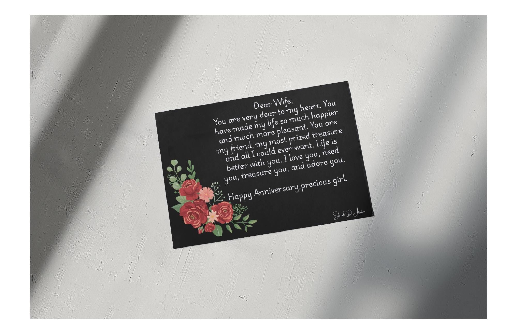 Anniversary Card for Her - "Dear Wife" - Black Design - Digital/Printable Card