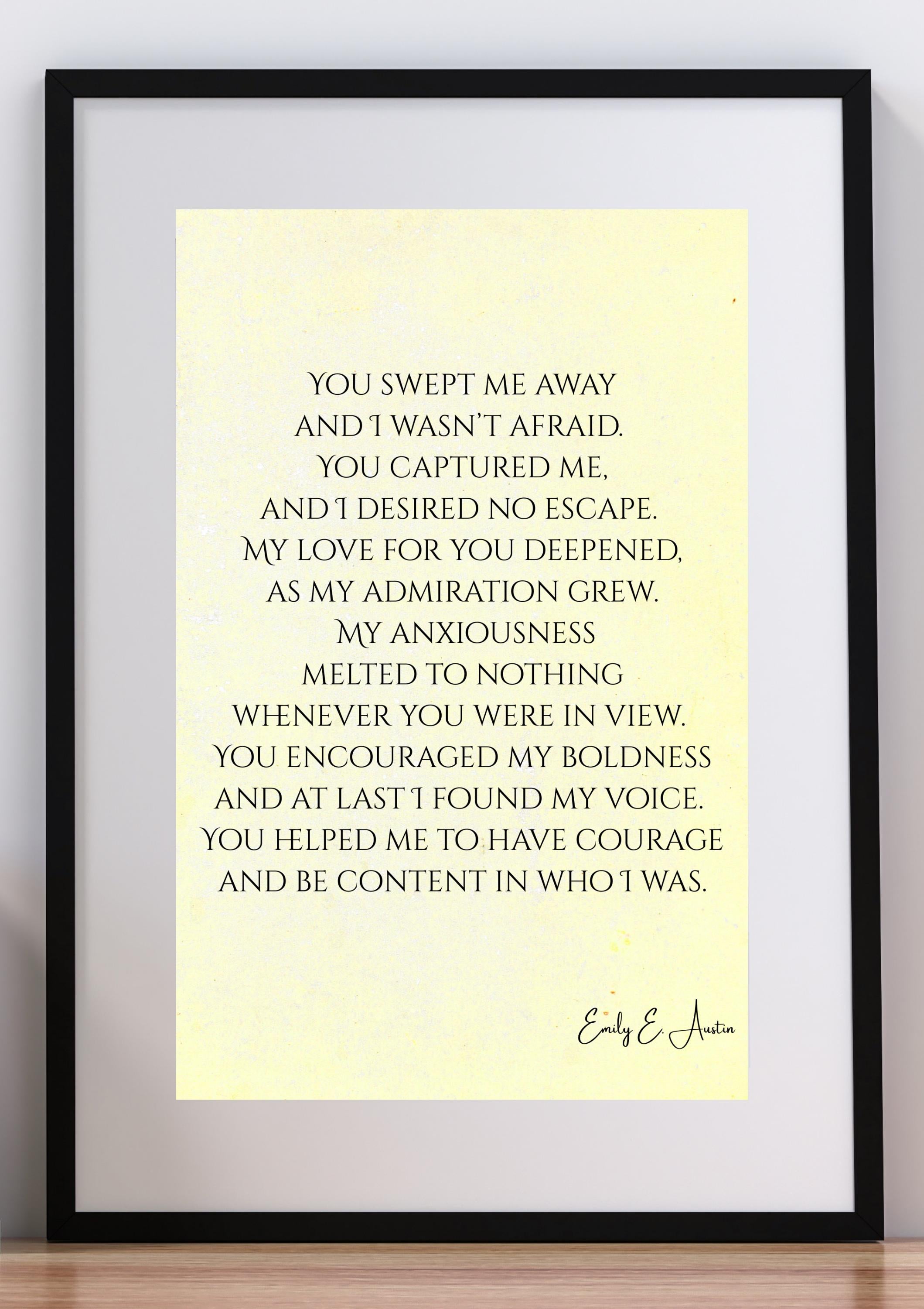 Romantic wall art digital download, love poem You Swept Me Away, yellow parchment printable