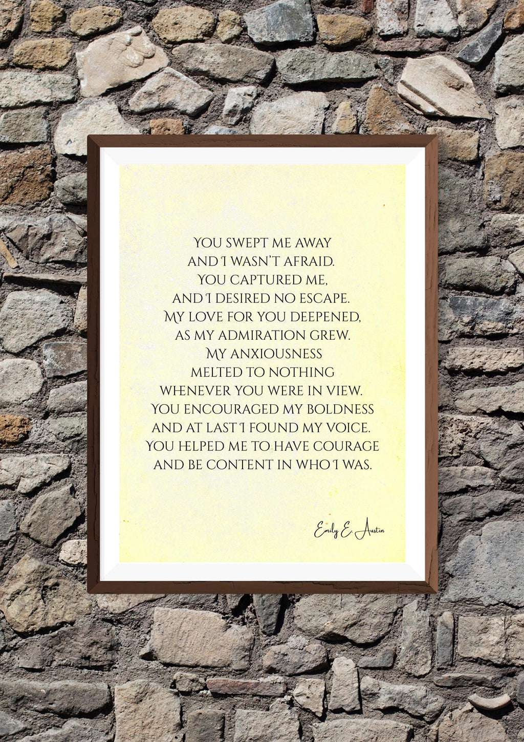 Romantic wall art digital download, love poem You Swept Me Away, yellow parchment printable