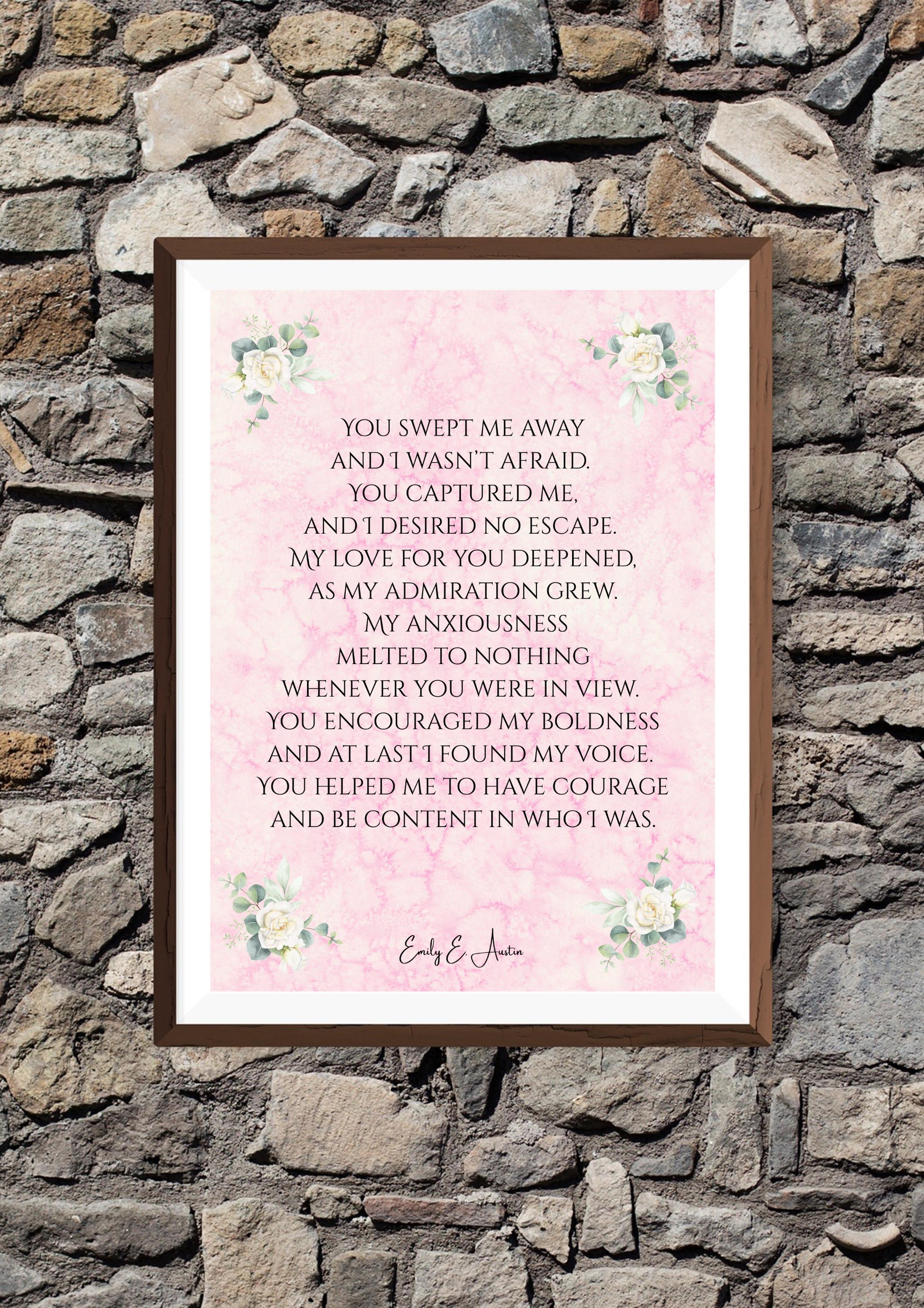 Romantic poetry wall art print, You Swept Me Away, pink parchment digital download