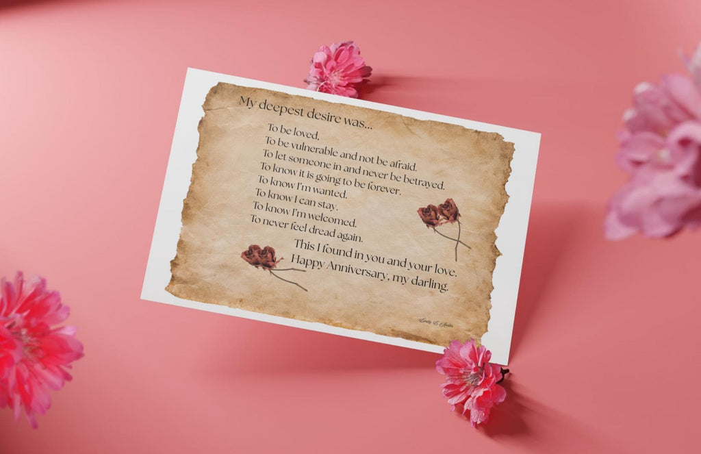 Printable anniversary poem card, vintage parchment roses, digital download