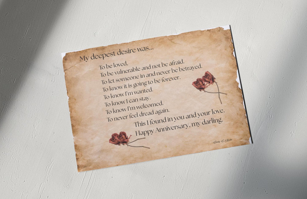 Printable anniversary poem card, vintage parchment roses, digital download