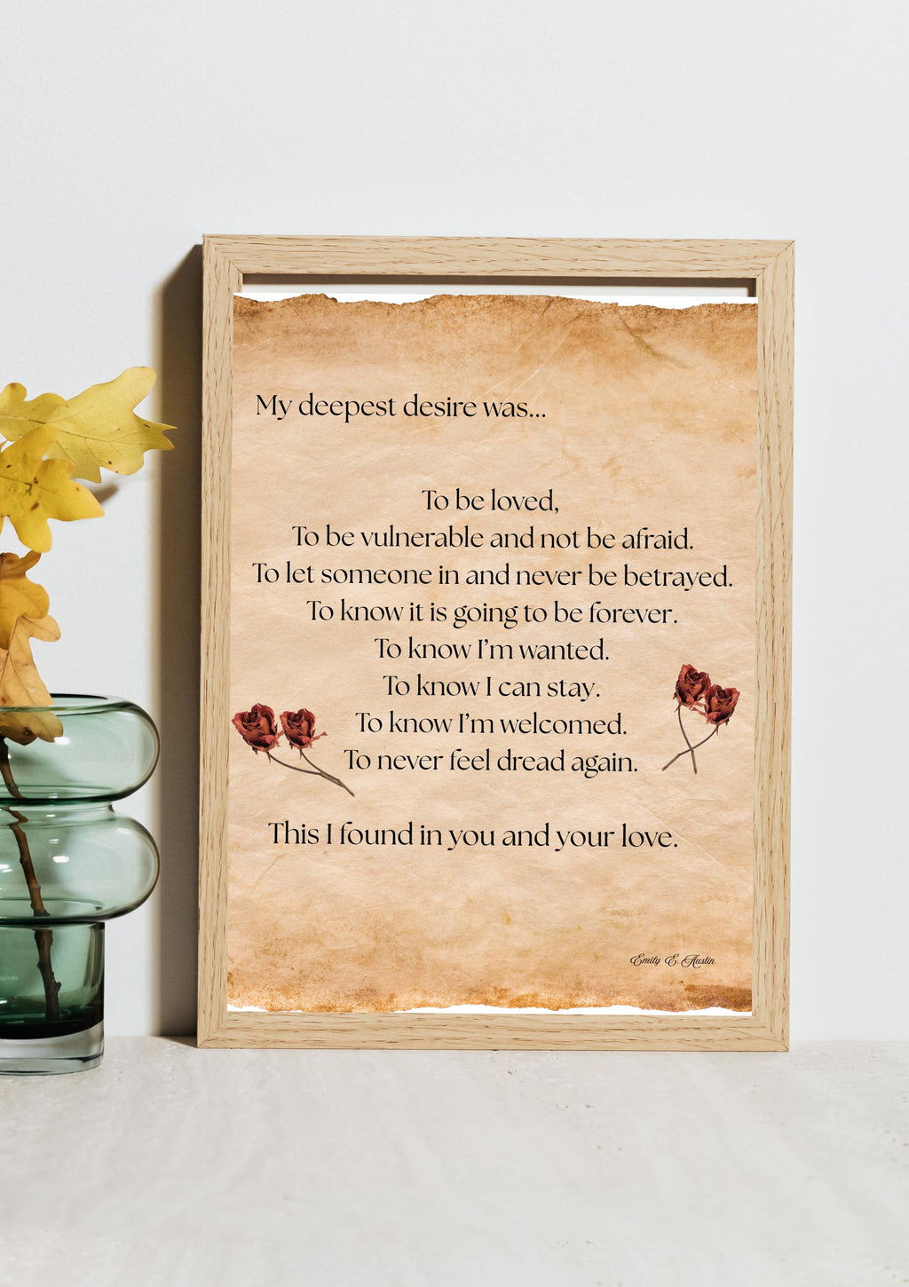Romantic poetry wall art digital download, parchment rose print