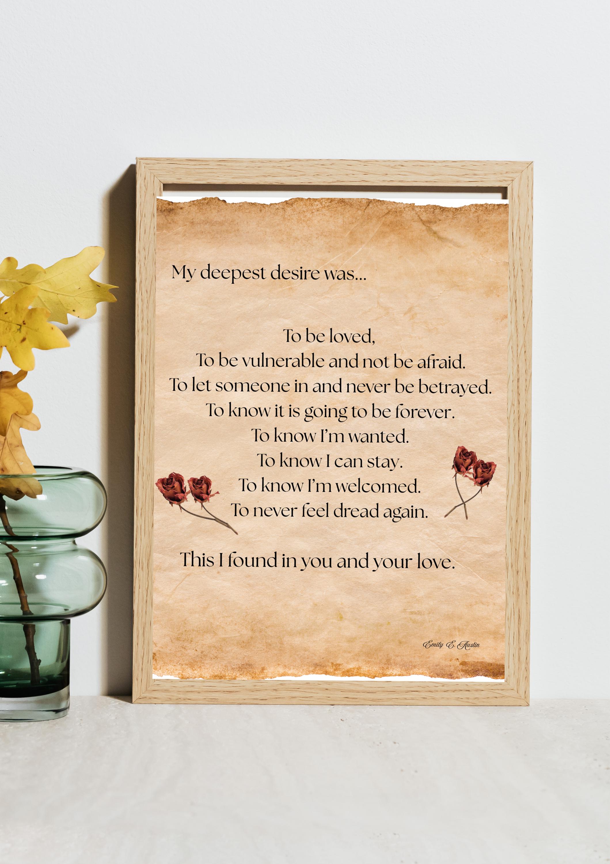 Romantic poetry wall art digital download, parchment rose print