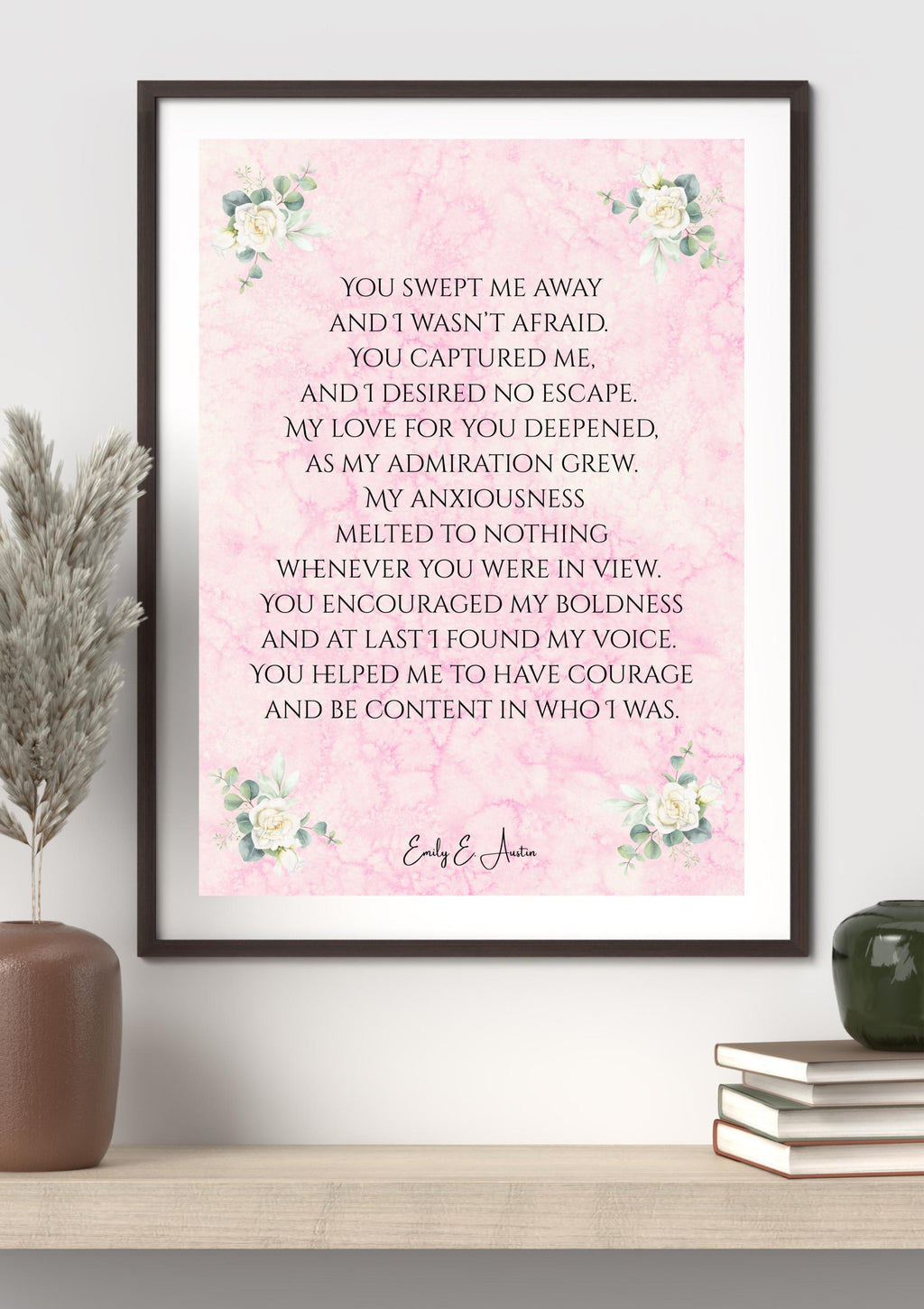 Romantic poetry wall art print, You Swept Me Away, pink parchment digital download