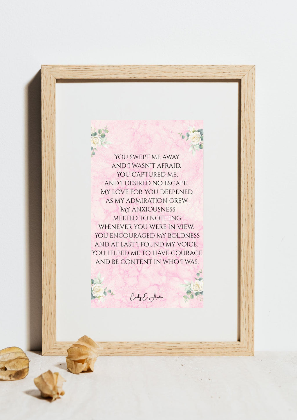 Romantic poetry wall art print, You Swept Me Away, pink parchment digital download