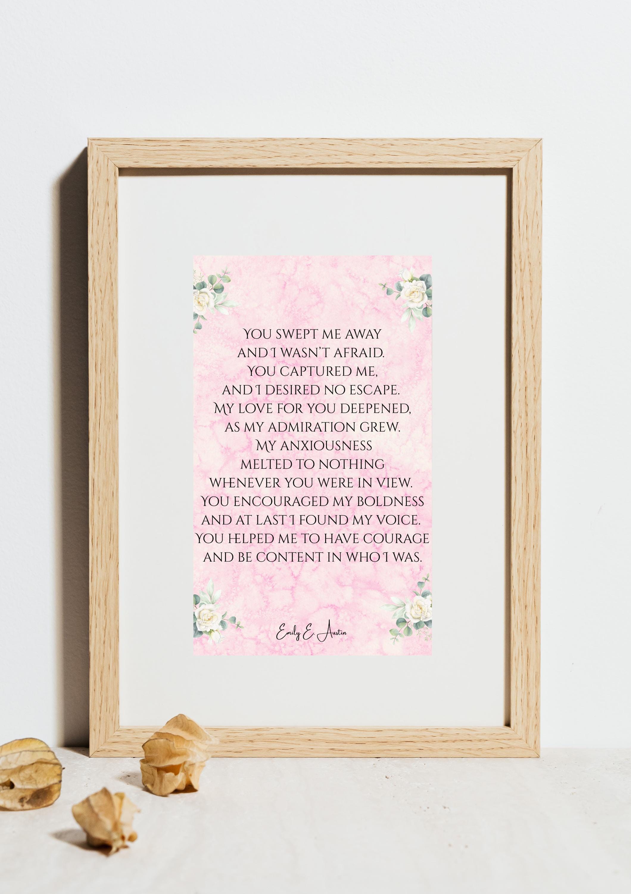 Romantic poetry wall art print, You Swept Me Away, pink parchment digital download