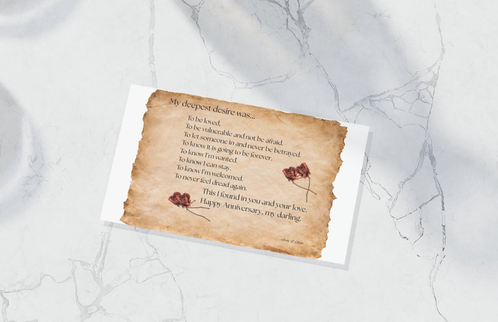 Printable anniversary poem card, vintage parchment roses, digital download