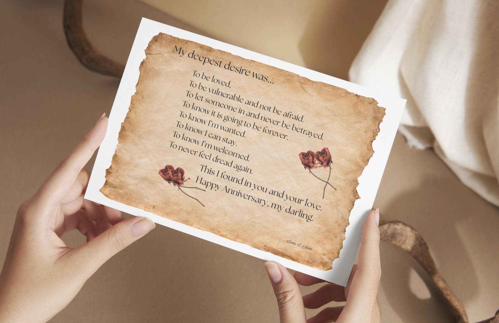 Printable anniversary poem card, vintage parchment roses, digital download