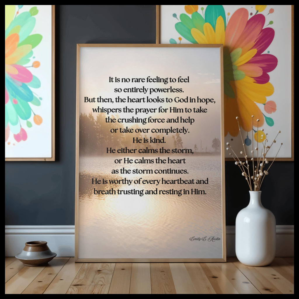 Calm the Storm wall art, quiet lake design, spiritual quote, digital download poster
