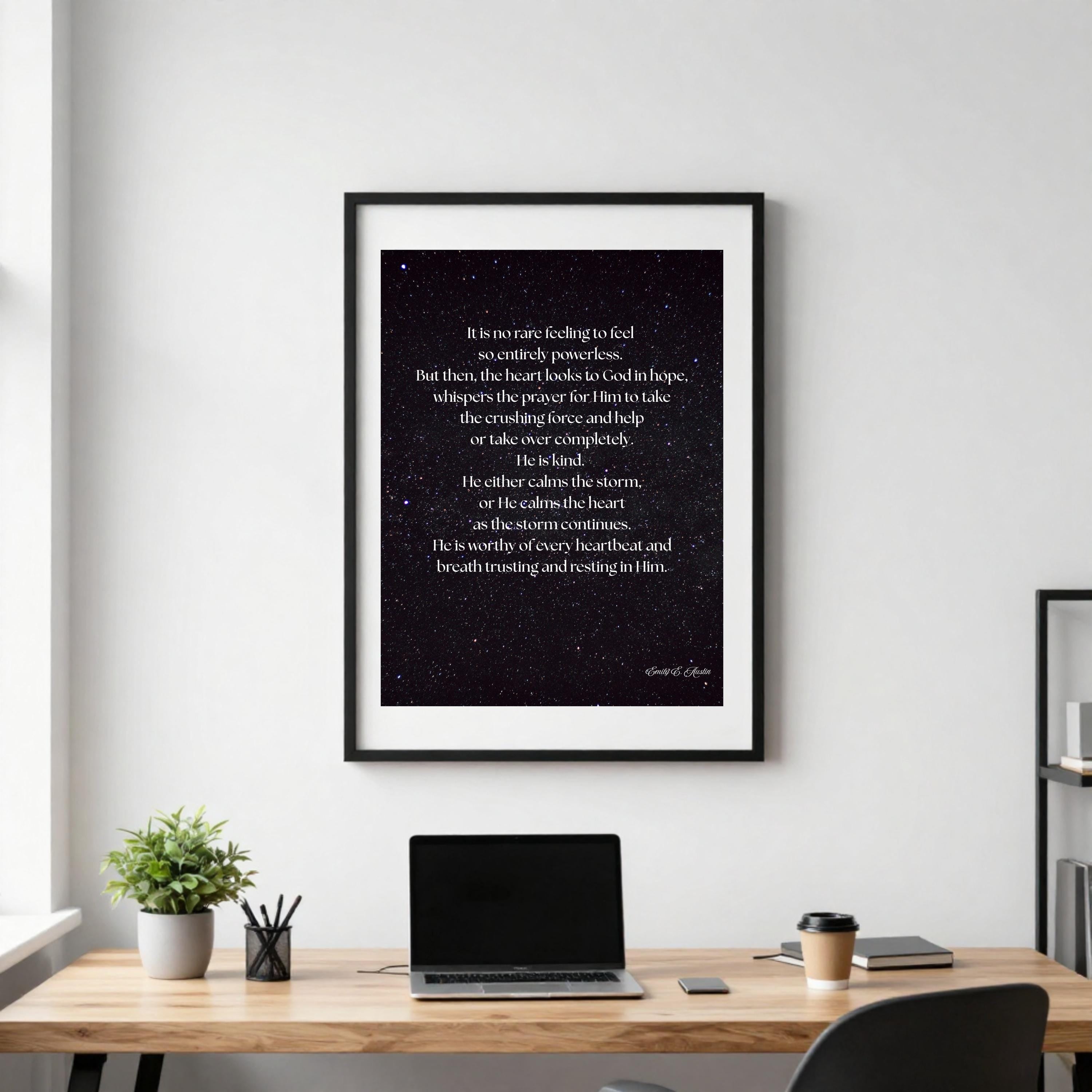 Calm the Storm wall art, dark sky with stars design, spiritual quote, digital download poster