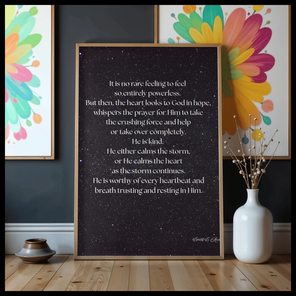 Calm the Storm wall art, dark sky with stars design, spiritual quote, digital download poster