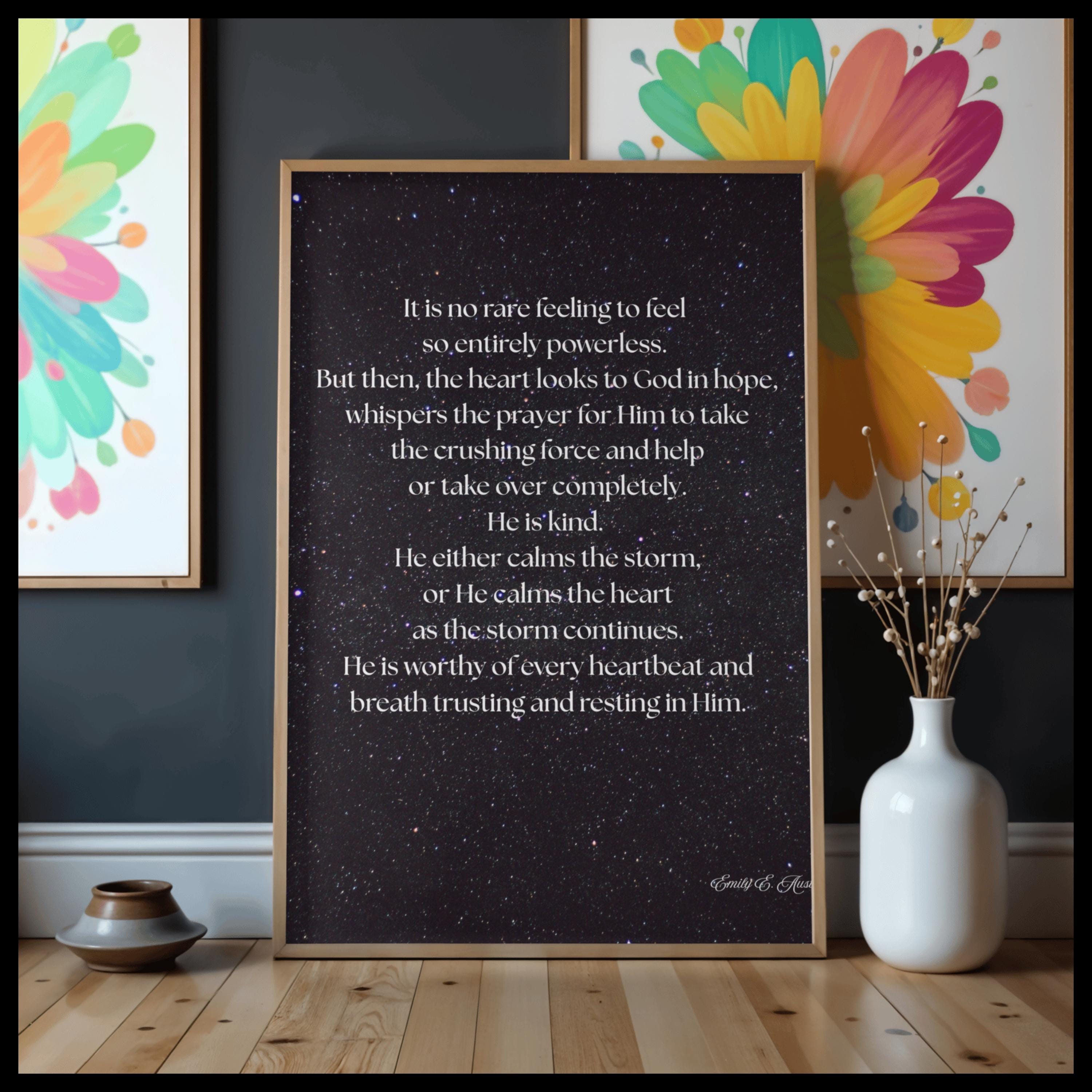 Calm the Storm wall art, dark sky with stars design, spiritual quote, digital download poster