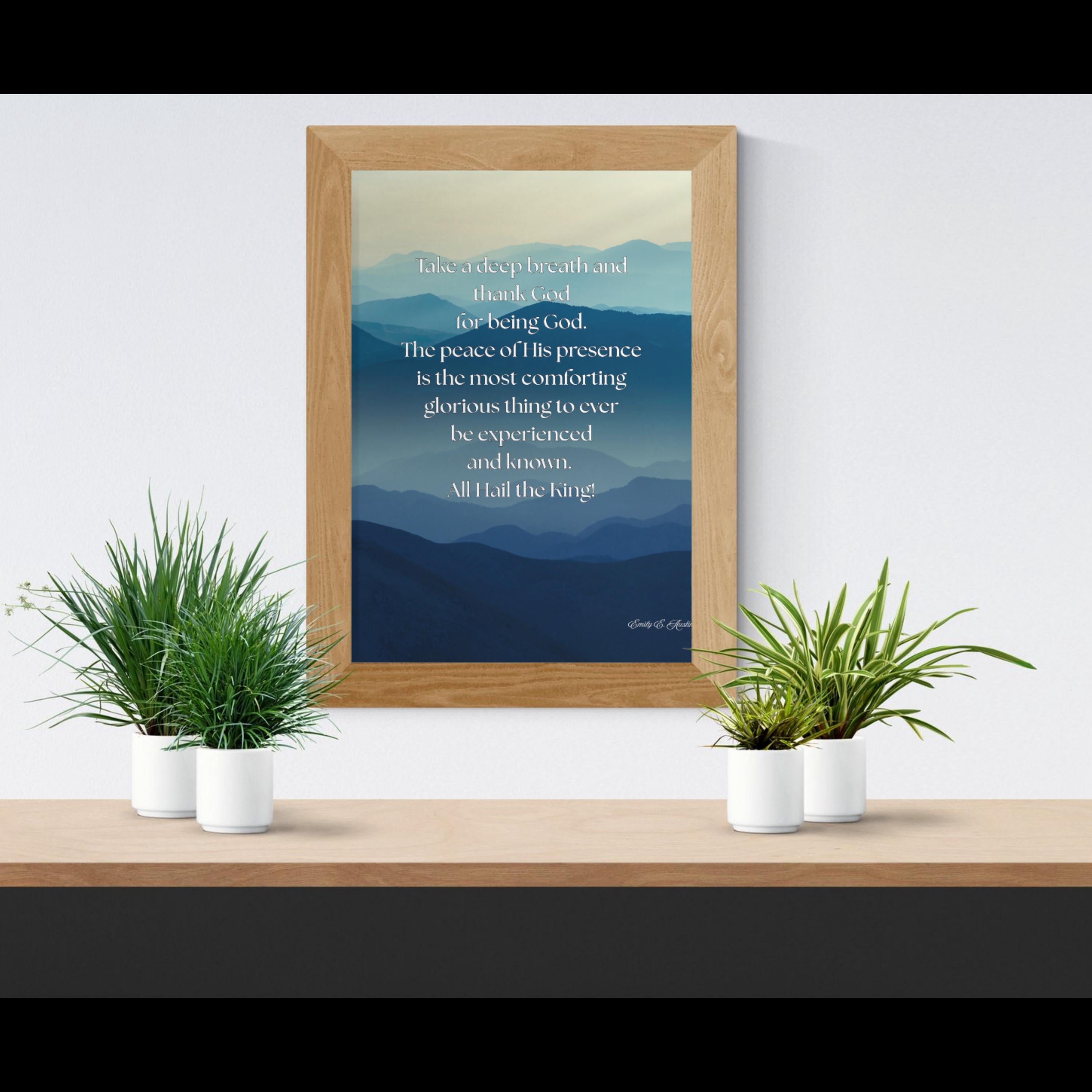 Take a Breath meditation poster, blue mountains design, digital download, mindfulness print