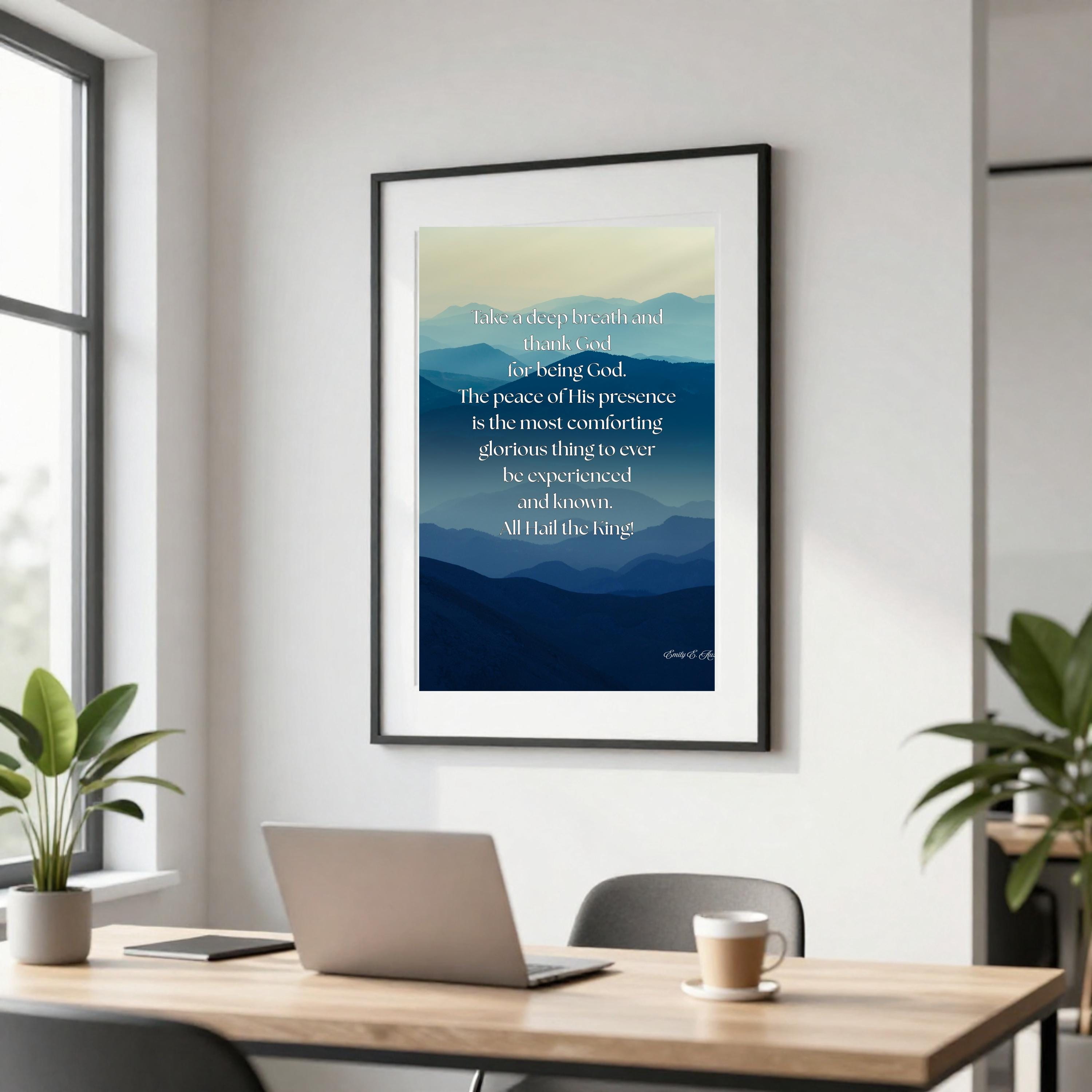Take a Breath meditation poster, blue mountains design, digital download, mindfulness print