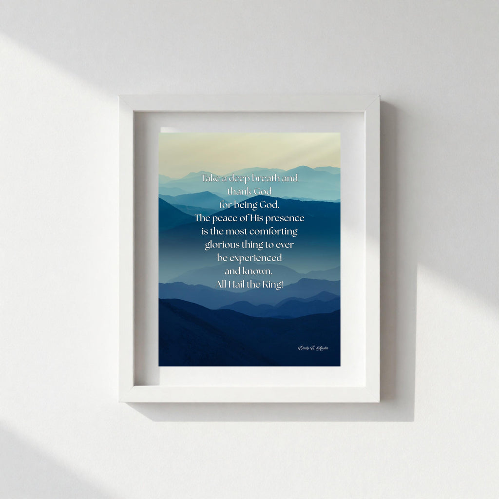 Take a Breath meditation poster, blue mountains design, digital download, mindfulness print