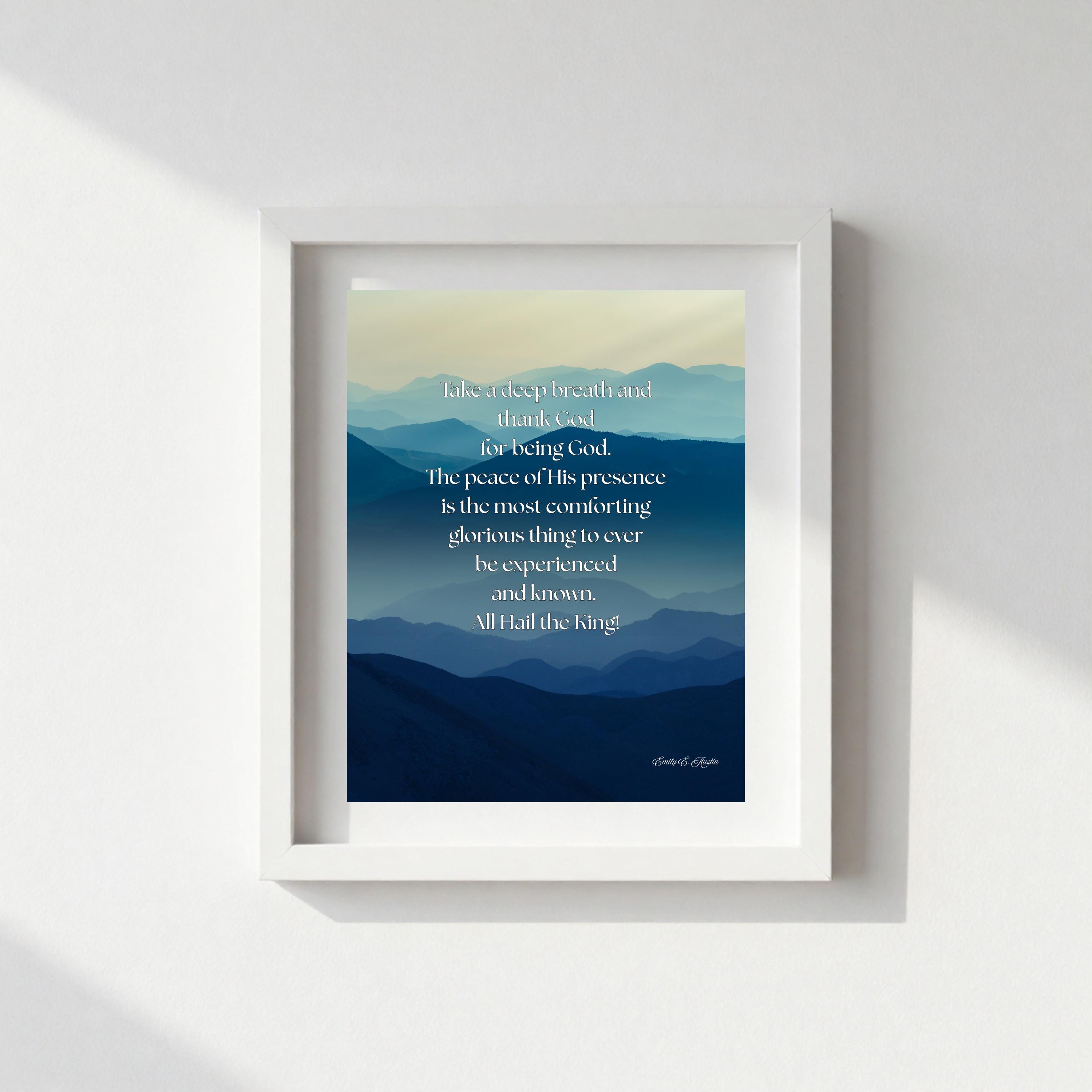 Take a Breath meditation poster, blue mountains design, digital download, mindfulness print