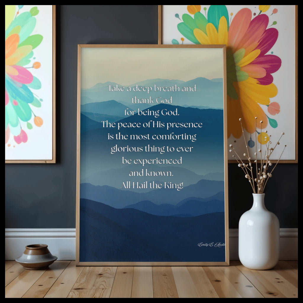 Take a Breath meditation poster, blue mountains design, digital download, mindfulness print