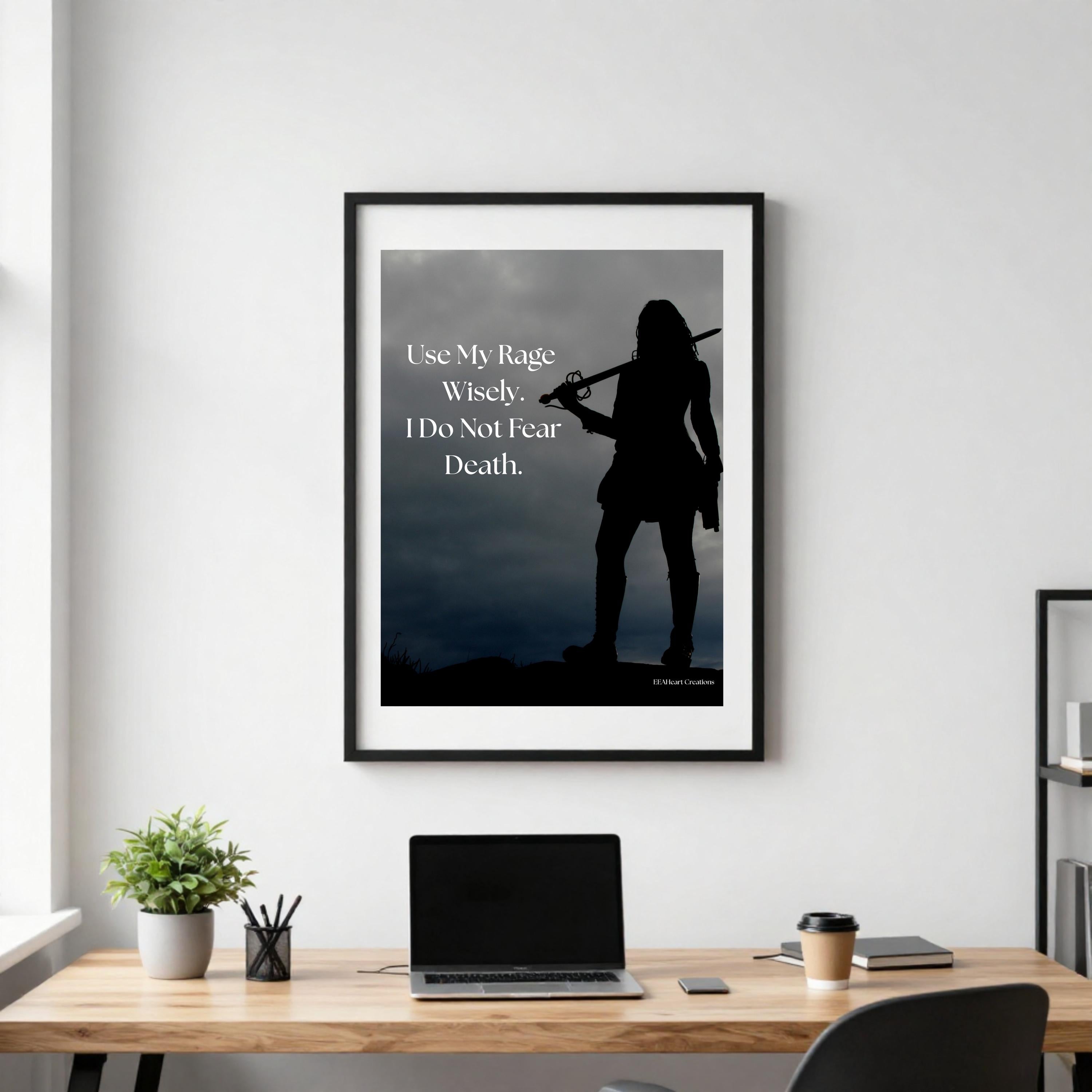 Motivational Wall Art - Use My Rage Wisely, girl with sword design, Printable Poster