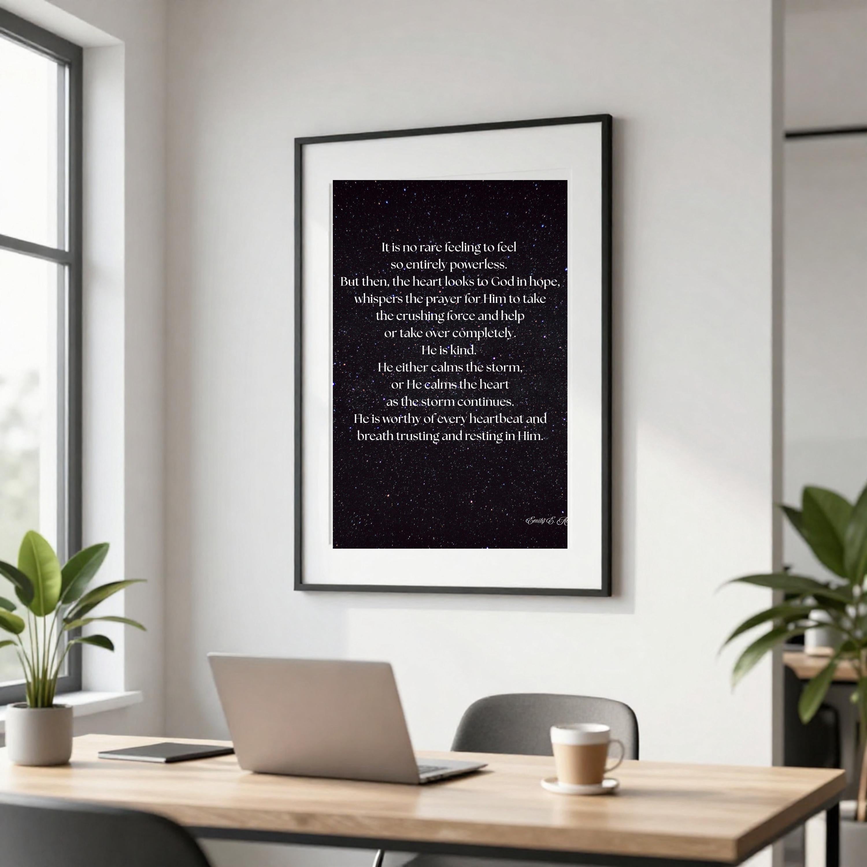 Calm the Storm wall art, dark sky with stars design, spiritual quote, digital download poster