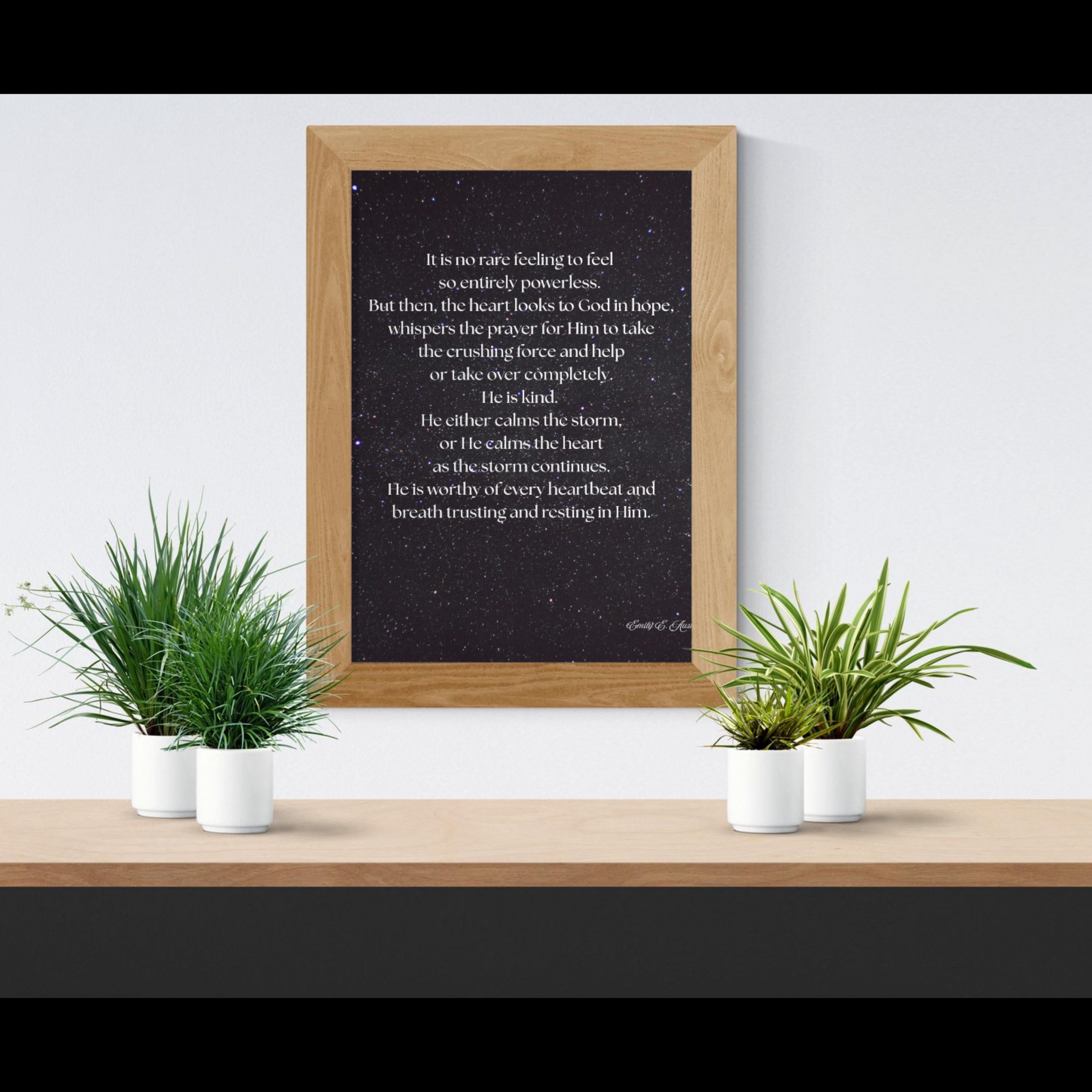 Calm the Storm wall art, dark sky with stars design, spiritual quote, digital download poster