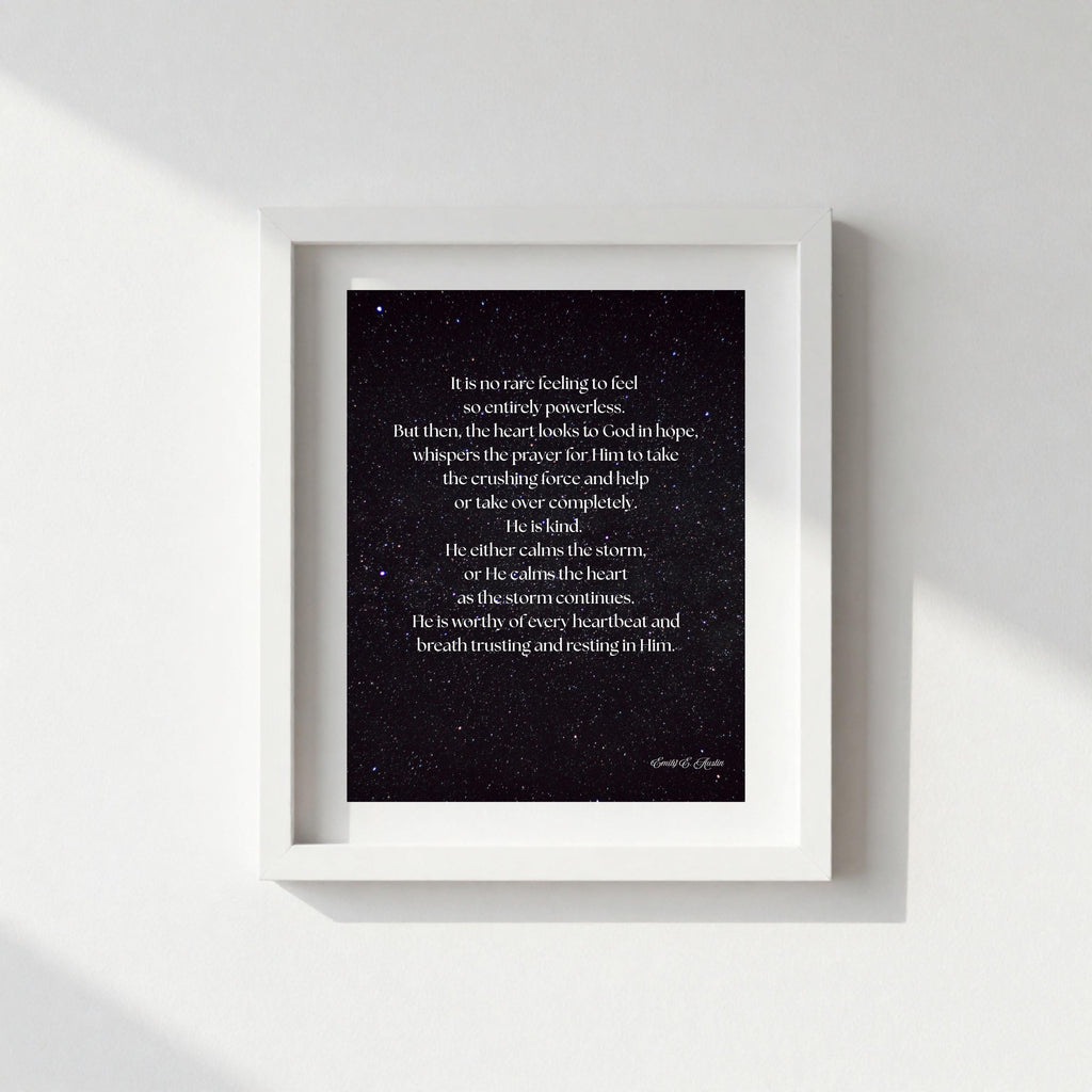 Calm the Storm wall art, dark sky with stars design, spiritual quote, digital download poster