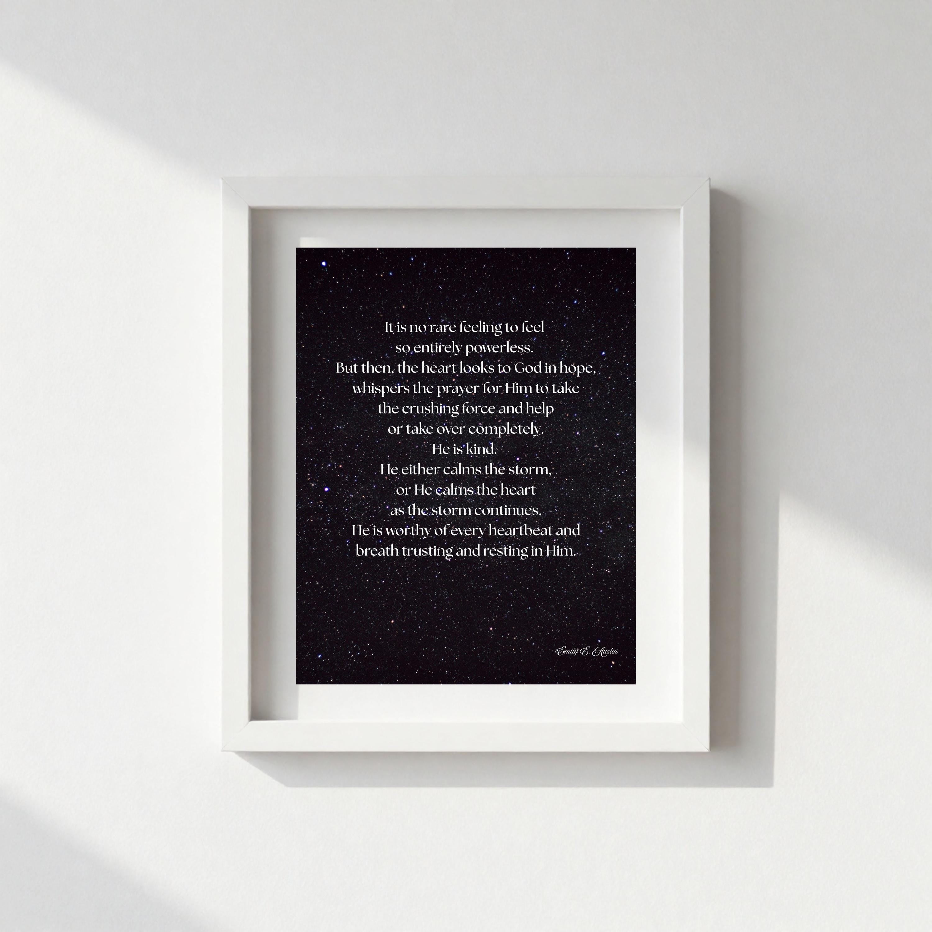 Calm the Storm wall art, dark sky with stars design, spiritual quote, digital download poster