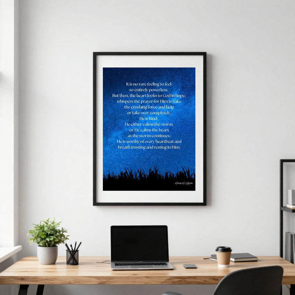 Calm the Storm wall art, night sky design, spiritual quote, digital download poster