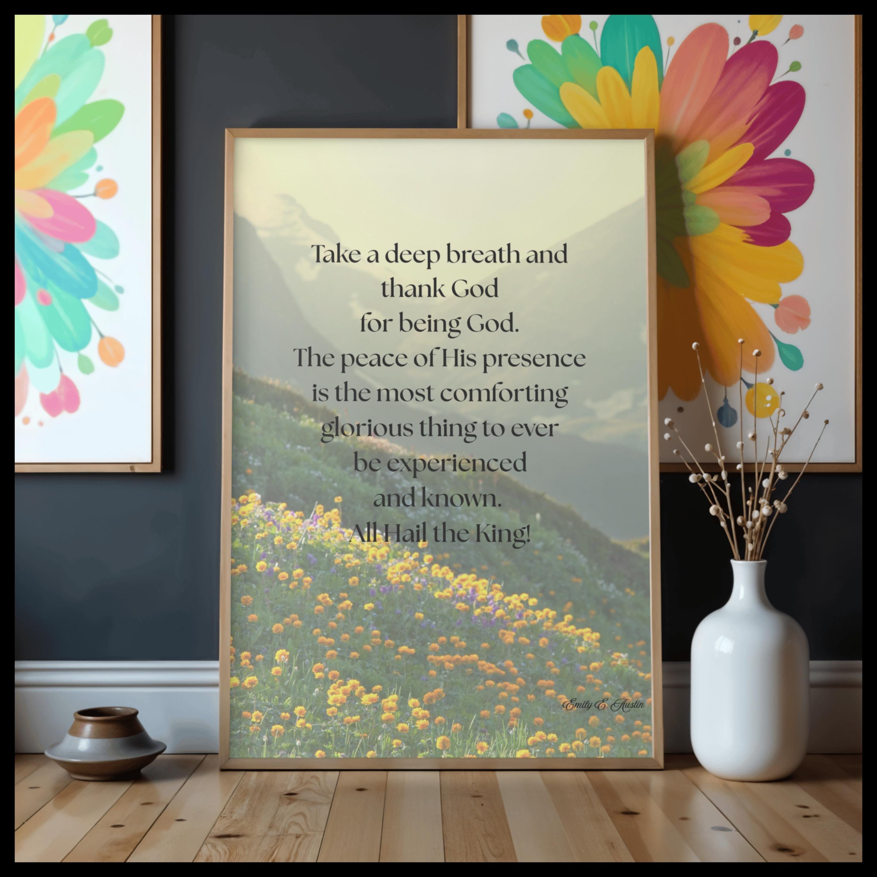 Take a Breath meditation poster, flower mountain design, digital download, mindfulness print