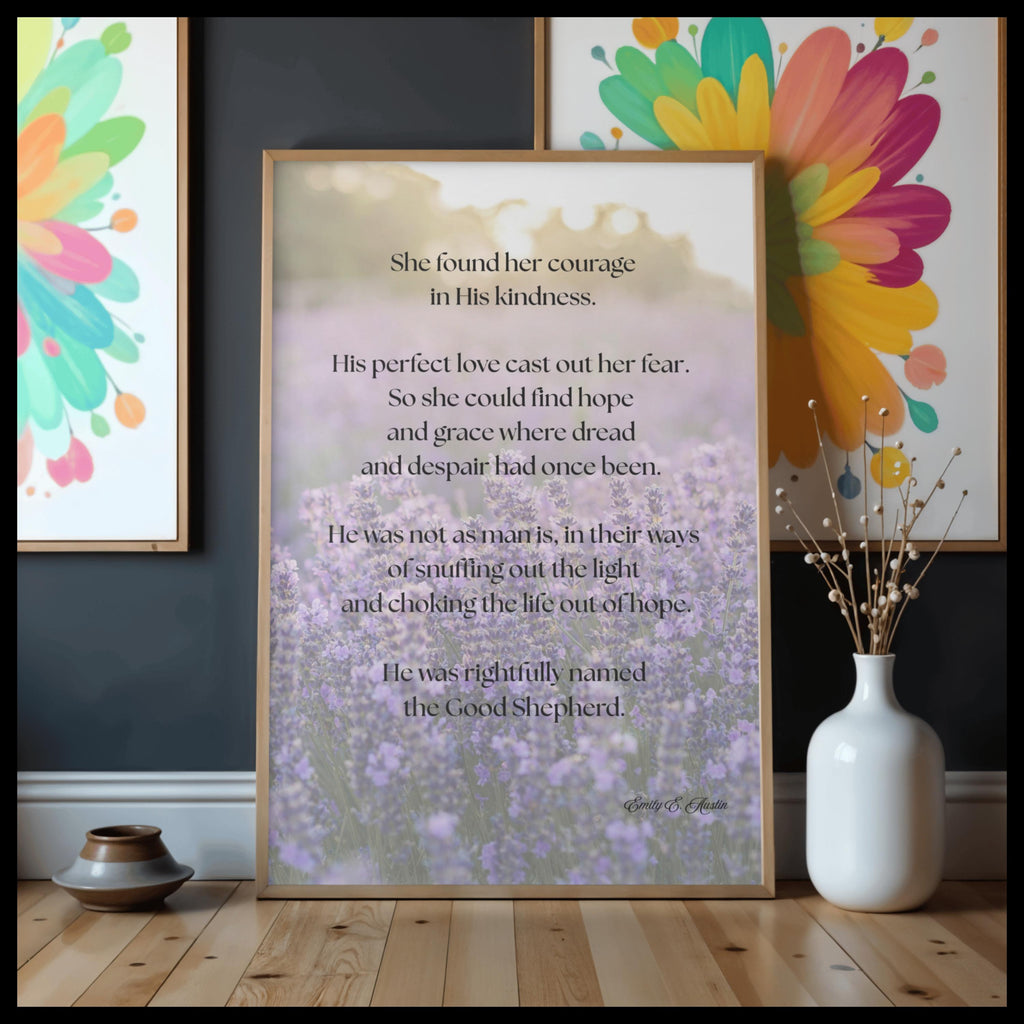She Found Her Courage printable wall art, purple flowers, digital download, meditation quote decor