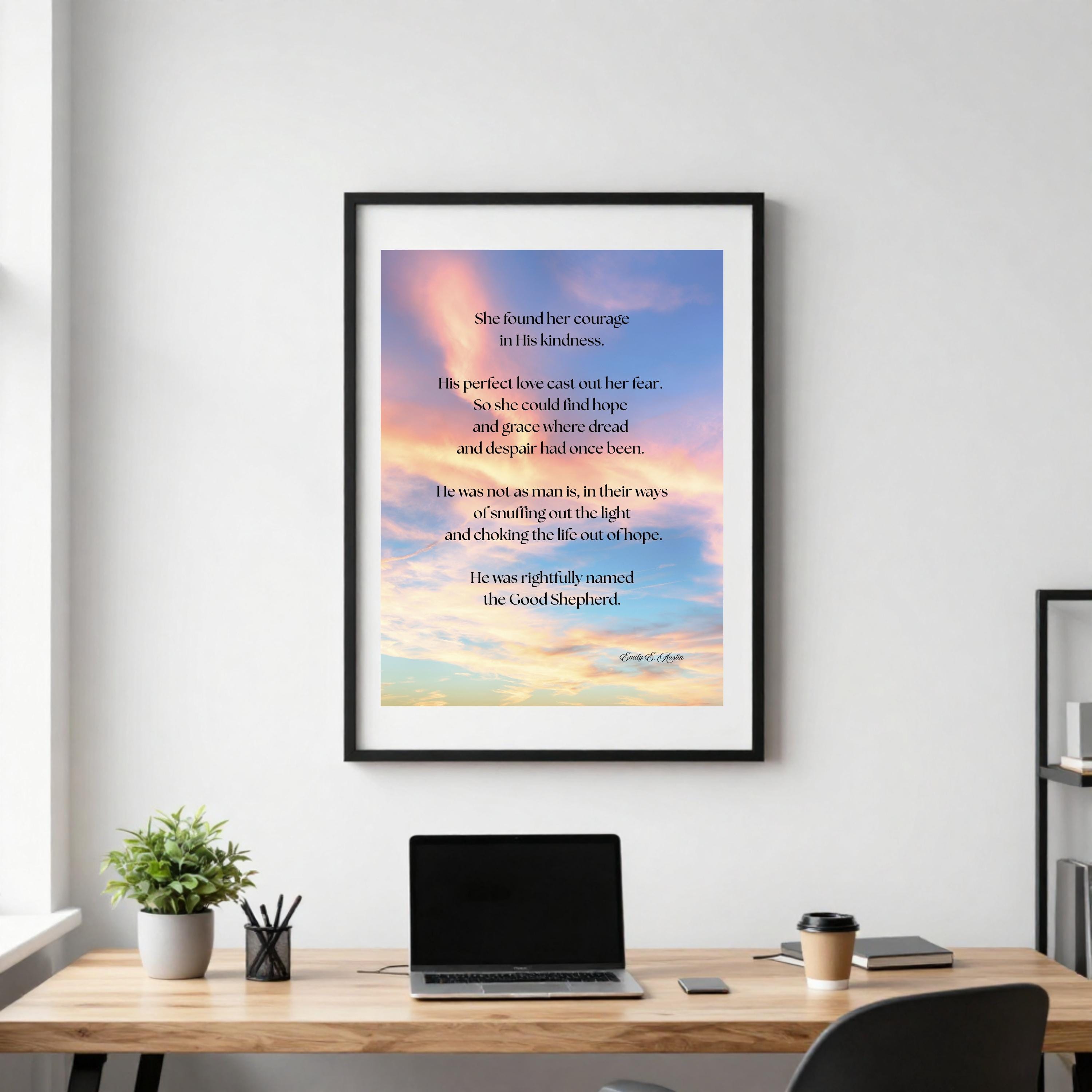 She Found Her Courage printable wall art, sunset clouds design, digital download, meditation decor