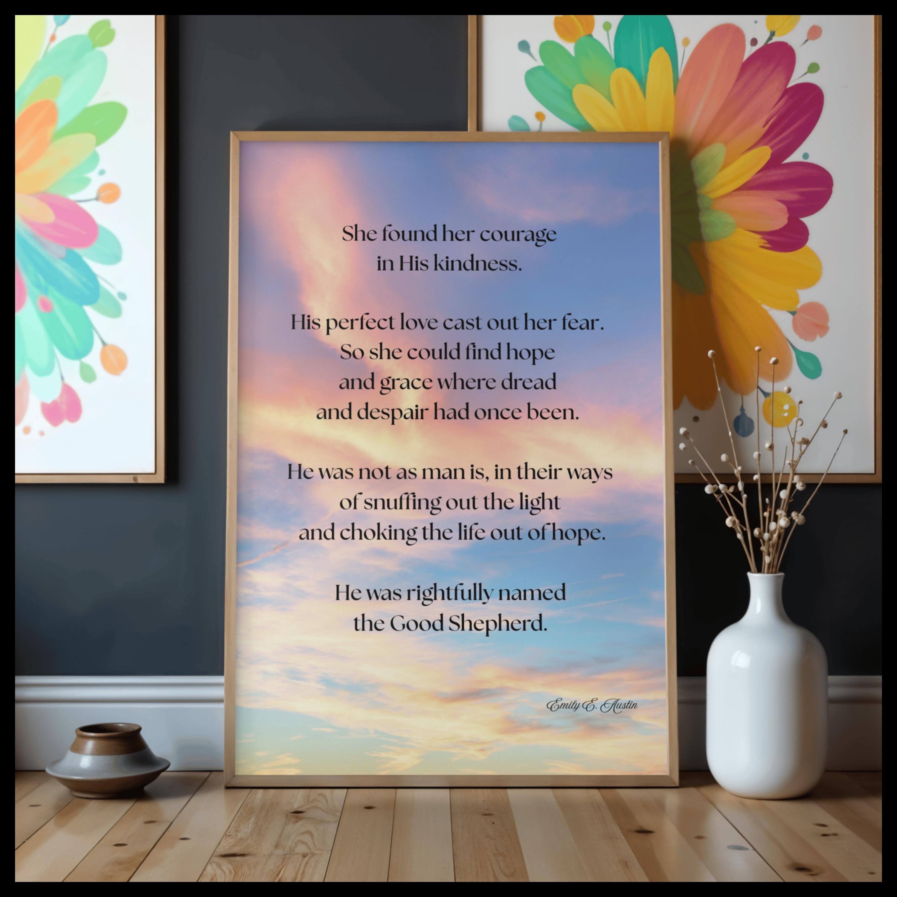 She Found Her Courage printable wall art, sunset clouds design, digital download, meditation decor