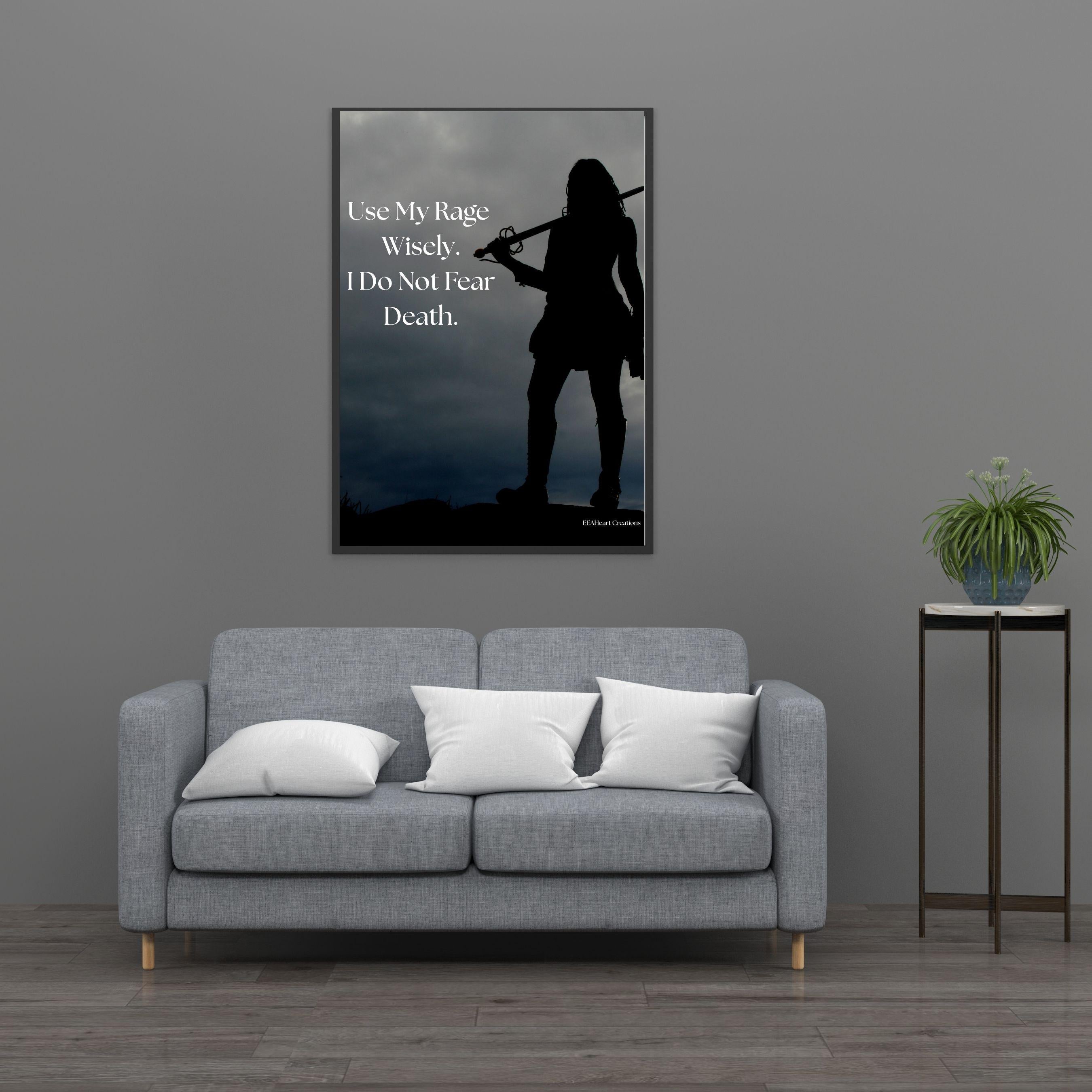 Motivational Wall Art - Use My Rage Wisely, girl with sword design, Printable Poster