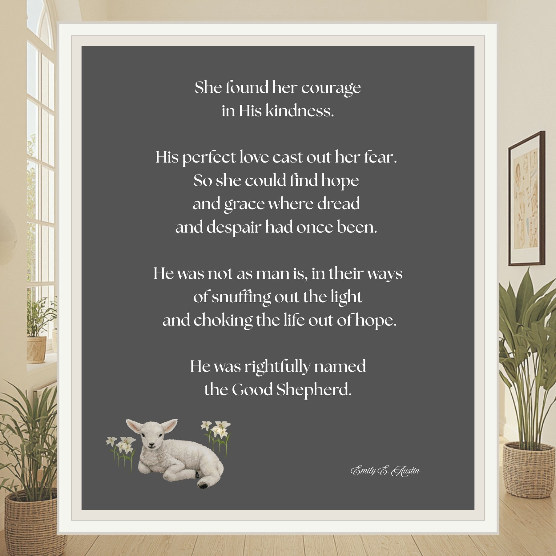 Christian Digital Download | Charcoal Lamb and Lily Wall Art | Good Shepherd Poem